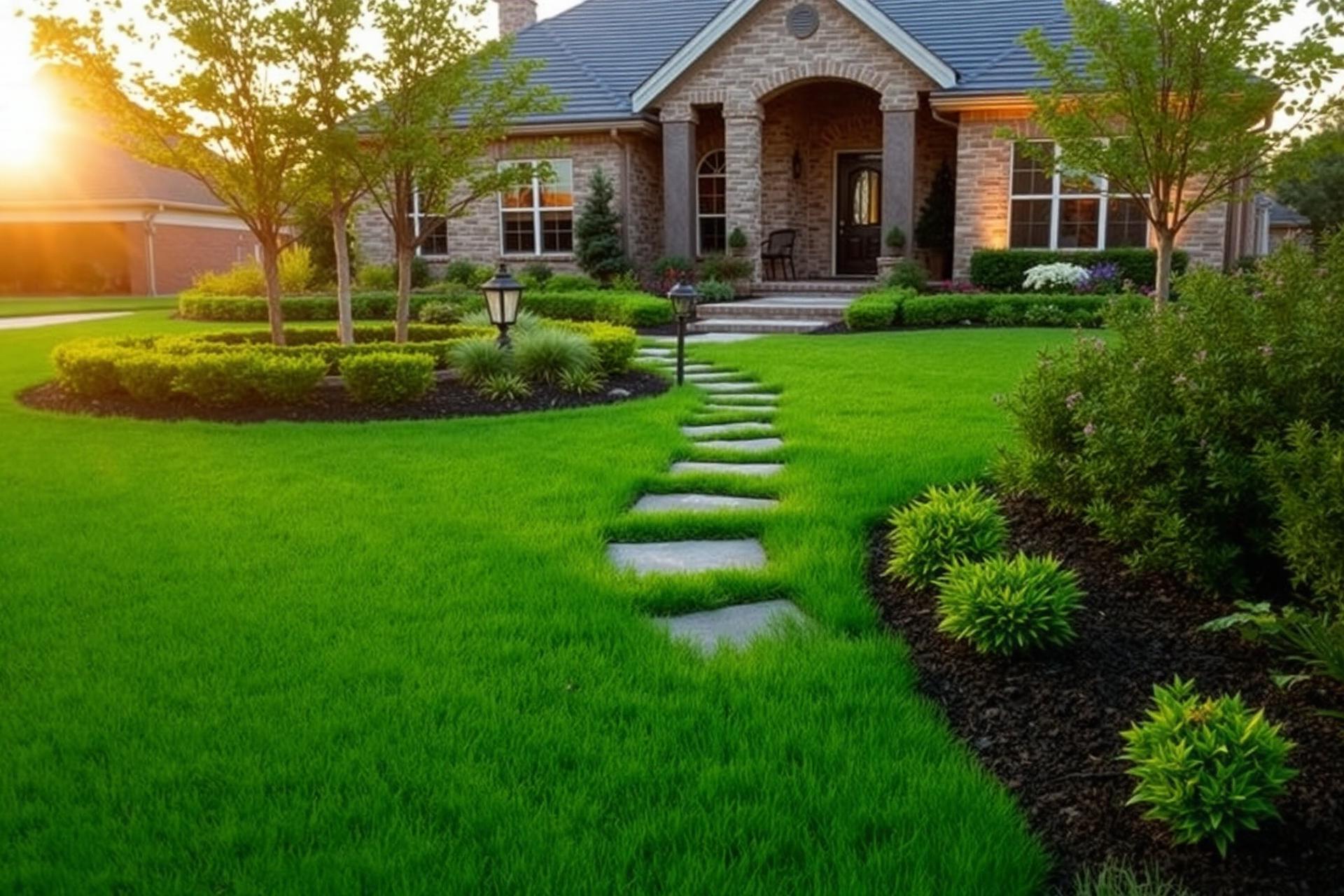 Beautifully landscaped Silsbee Texas lawn at sunset