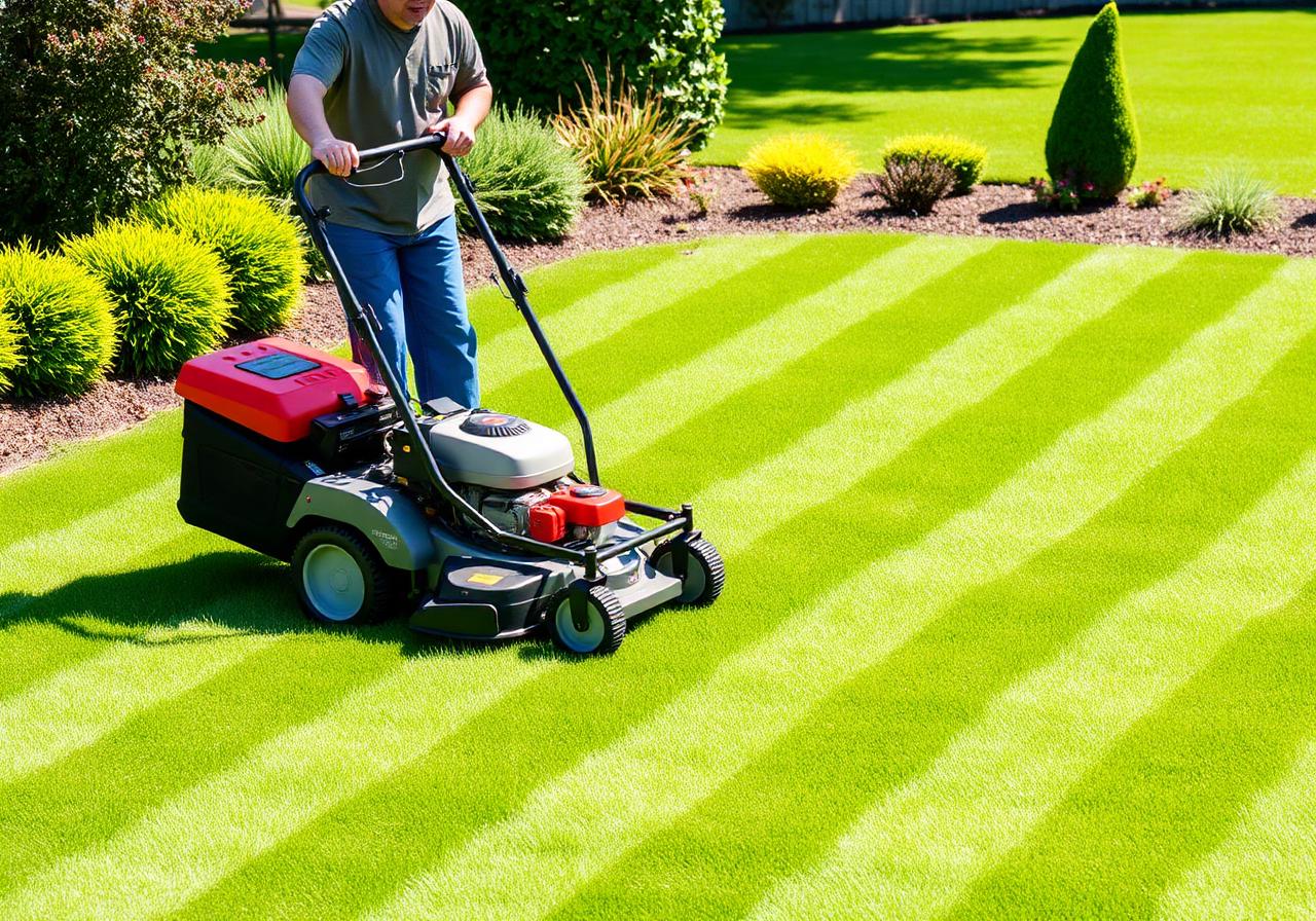 Professional mowing a striped lawn